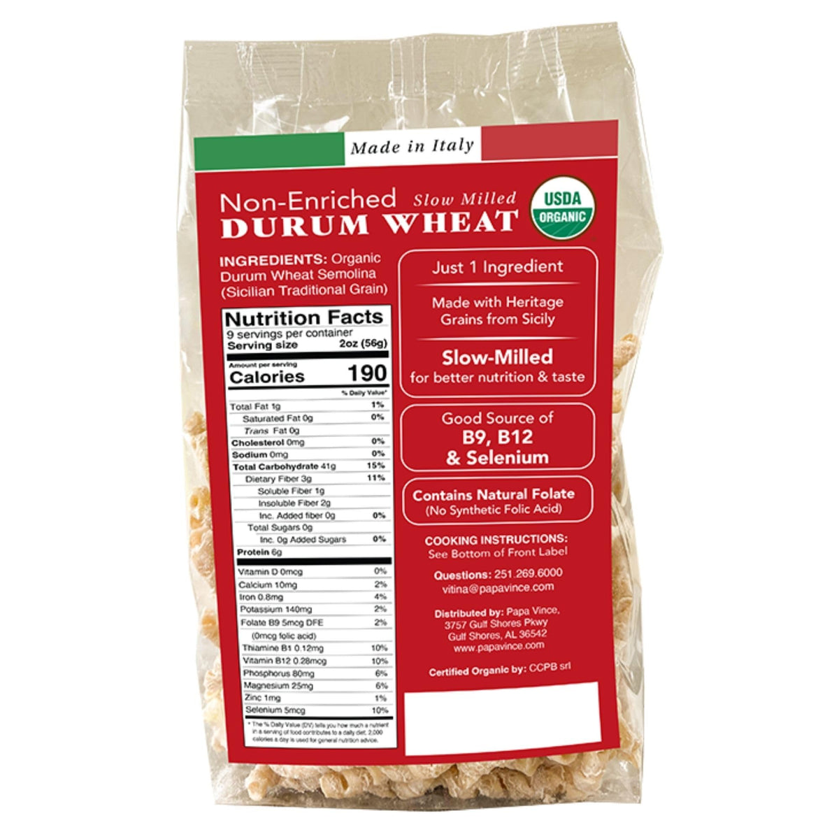Papa Vince Organic Non Enriched Pasta — Ancient Sicilian Durum Busiate, Slow-Dried Bronze Die-Cut