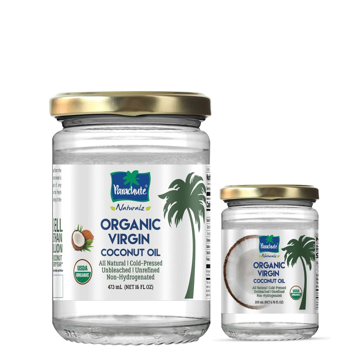 Parachute Naturalz Virgin Coconut Oil | 100% Organic, Cold-Pressed, USDA Certified (Pack of 2) – 16 oz + 6.7 oz Glass Jars