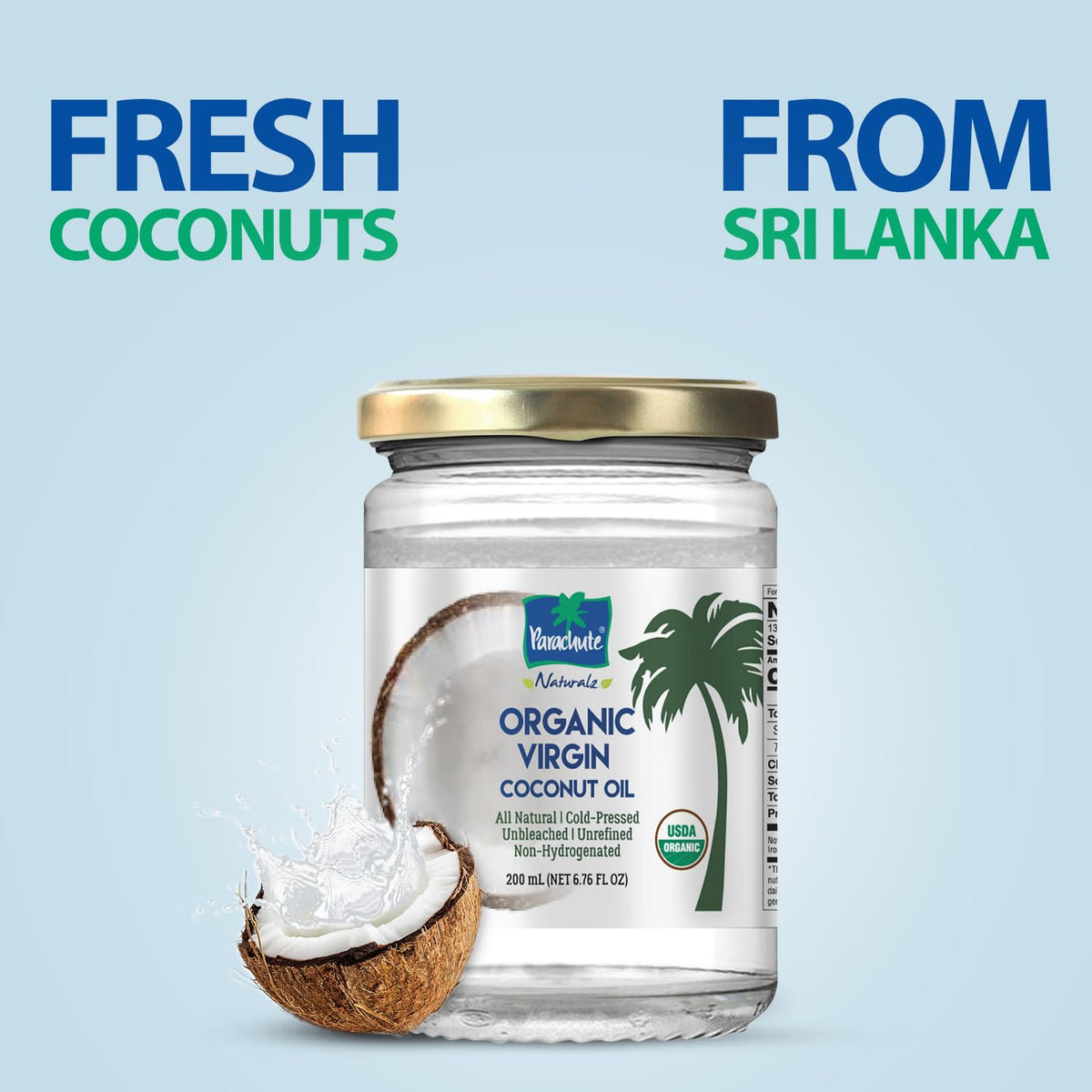Parachute Naturalz Virgin Coconut Oil | 100% Organic, Cold-Pressed, USDA Certified (Pack of 2) – 16 oz + 6.7 oz Glass Jars