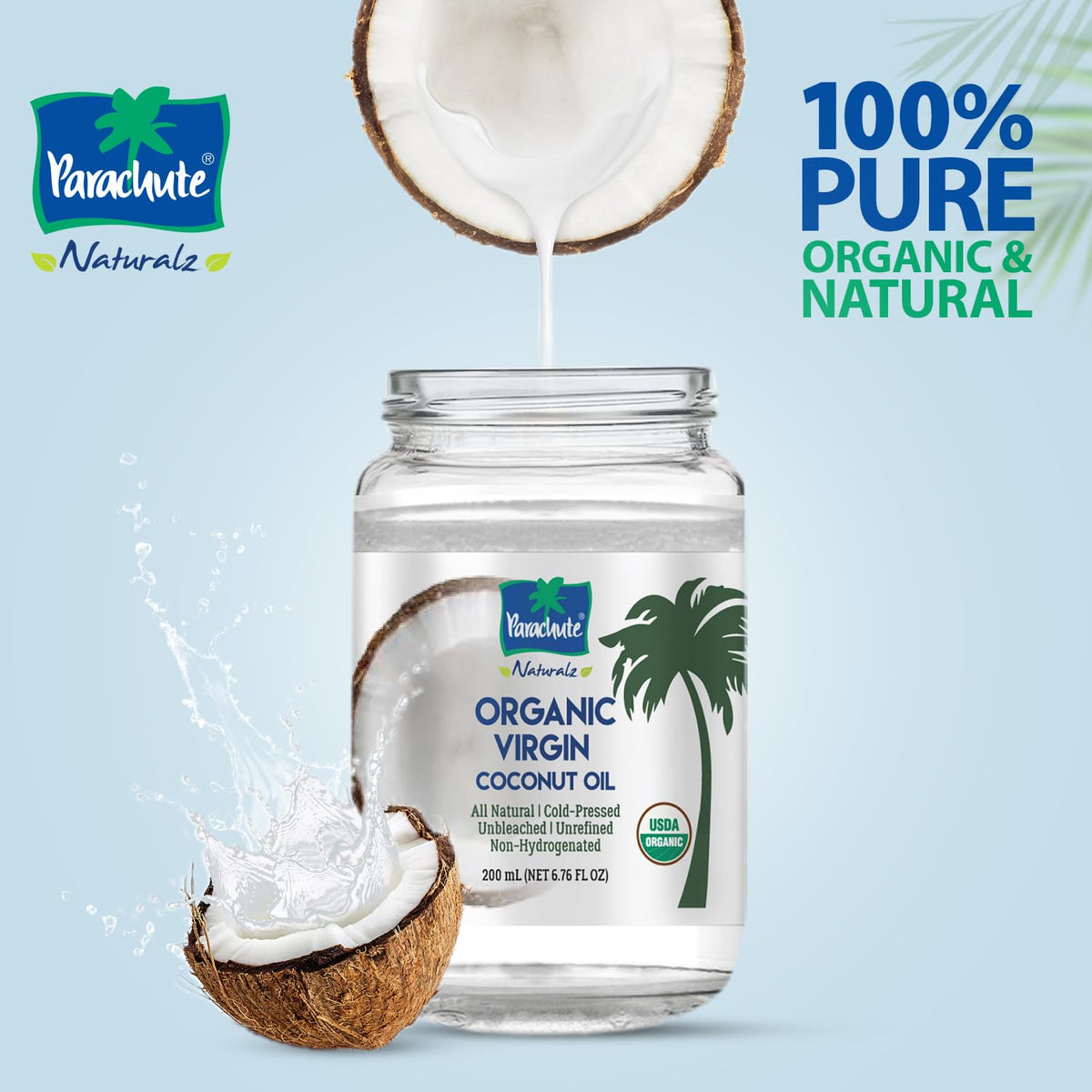 Parachute Naturalz Virgin Coconut Oil | 100% Organic, Cold-Pressed, USDA Certified (Pack of 2) – 16 oz + 6.7 oz Glass Jars