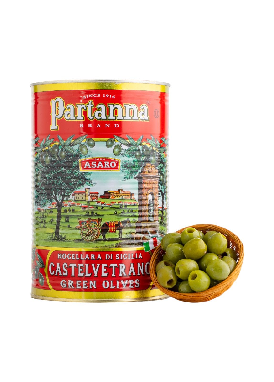 Partanna Pitted Castelvetrano Olives - Authentic Sicilian Green Olives, Product of Italy, 144 oz Can