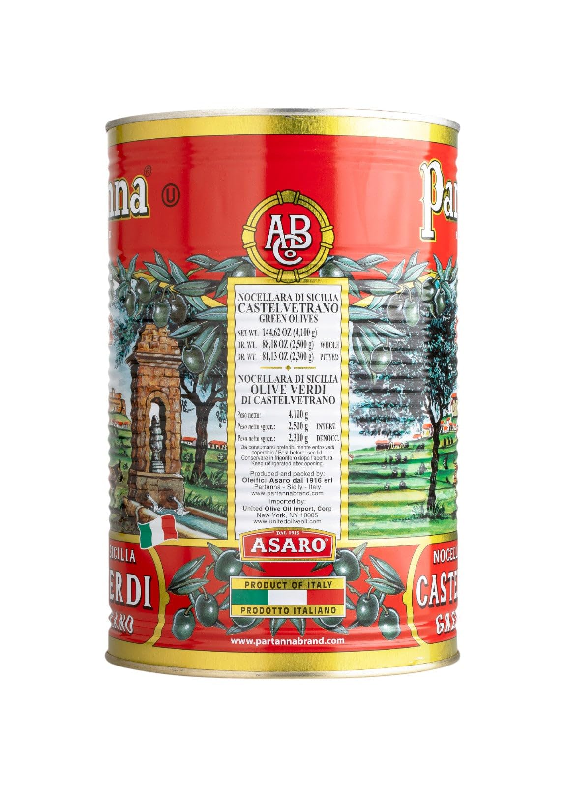 Partanna Pitted Castelvetrano Olives - Authentic Sicilian Green Olives, Product of Italy, 144 oz Can