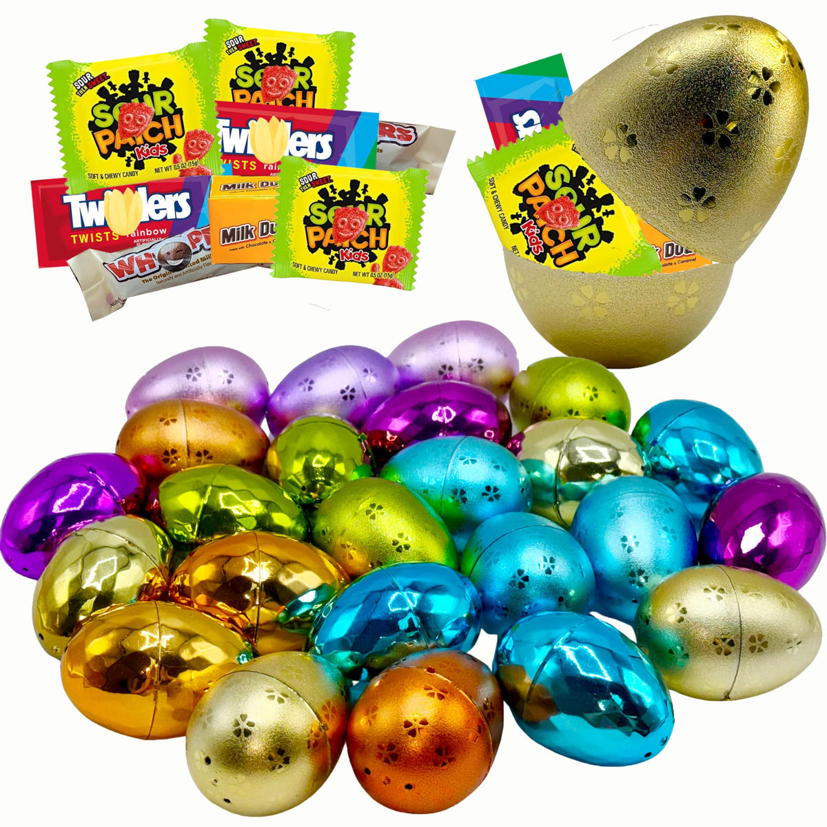 Partypom Easter Candy with Fillable Metallic Eggs – 12 Extra Large Eggs & Assorted Candy