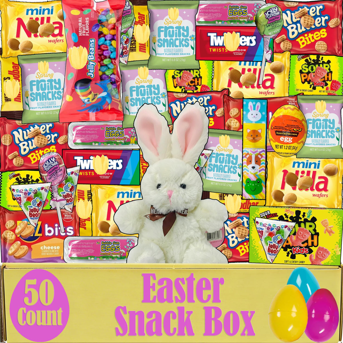 Partypom Easter Snack Box Care Package (50 Count) – Plush Bunny & Assorted Candy