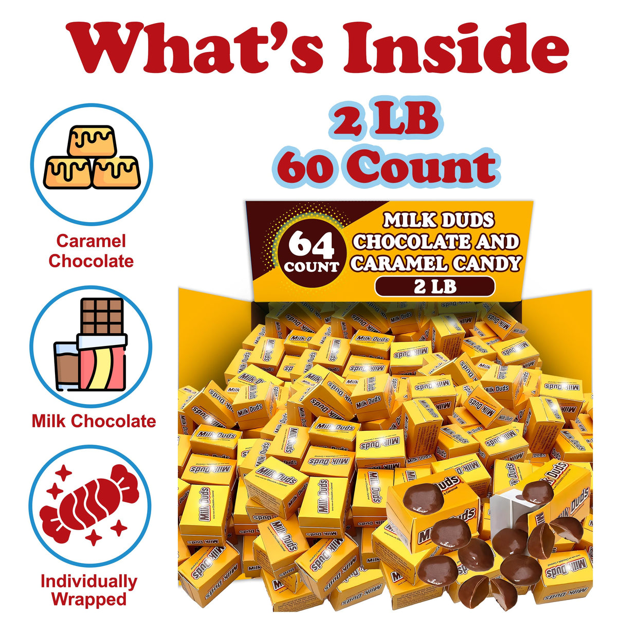 Partypom Milk Duds Bulk Box – Milk Chocolate Caramel Candy, 2.2 Lbs, Individually Wrapped Mini Boxes