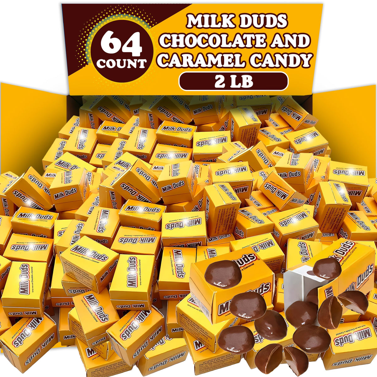 Partypom Milk Duds Bulk Box – Milk Chocolate Caramel Candy, 2.2 Lbs, Individually Wrapped Mini Boxes