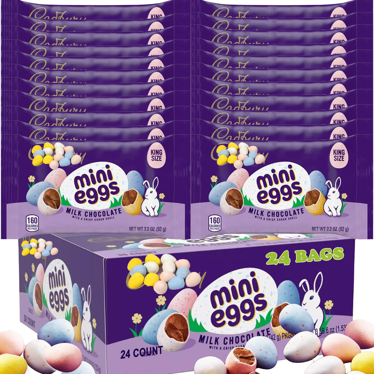 Partypom Mini Eggs Milk Chocolate Easter Candy – Bulk 24 Bags, 2.2 oz Each