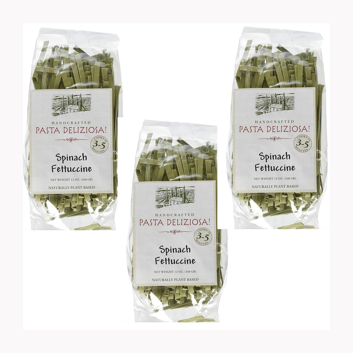 Pasta Deliziosa Spinach Fettuccine – Handcrafted 3 Pack, 12 oz Each
