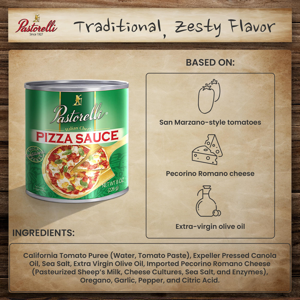 Pastorelli Pizza Sauce – Original Italian Recipe with Pecorino Romano & EVOO (8 oz, 6-Pack)