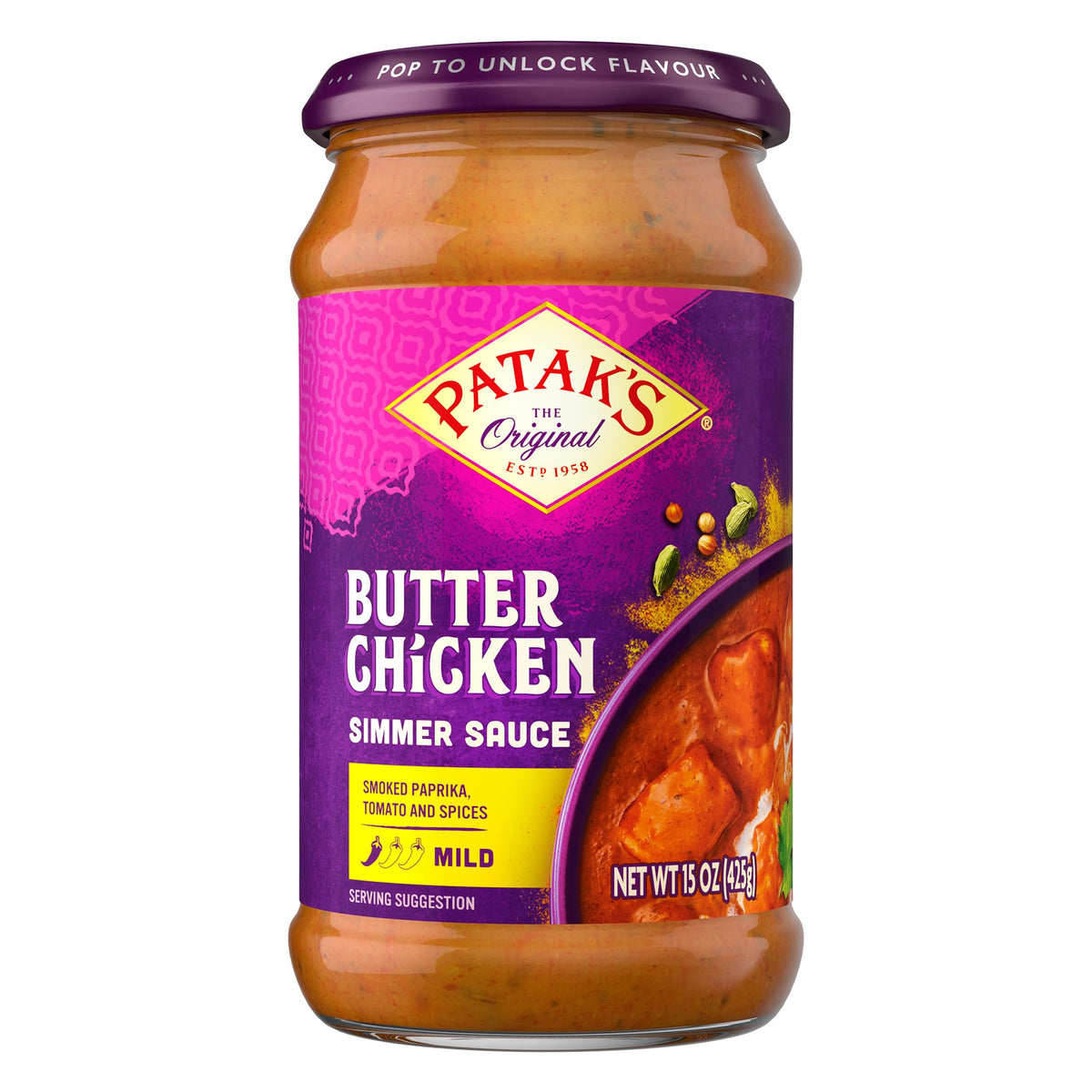 Patak's Butter Chicken Simmer Sauce - Mild & Creamy Curry, Gluten-Free & Vegetarian, 15oz Jar (Pack of 3)