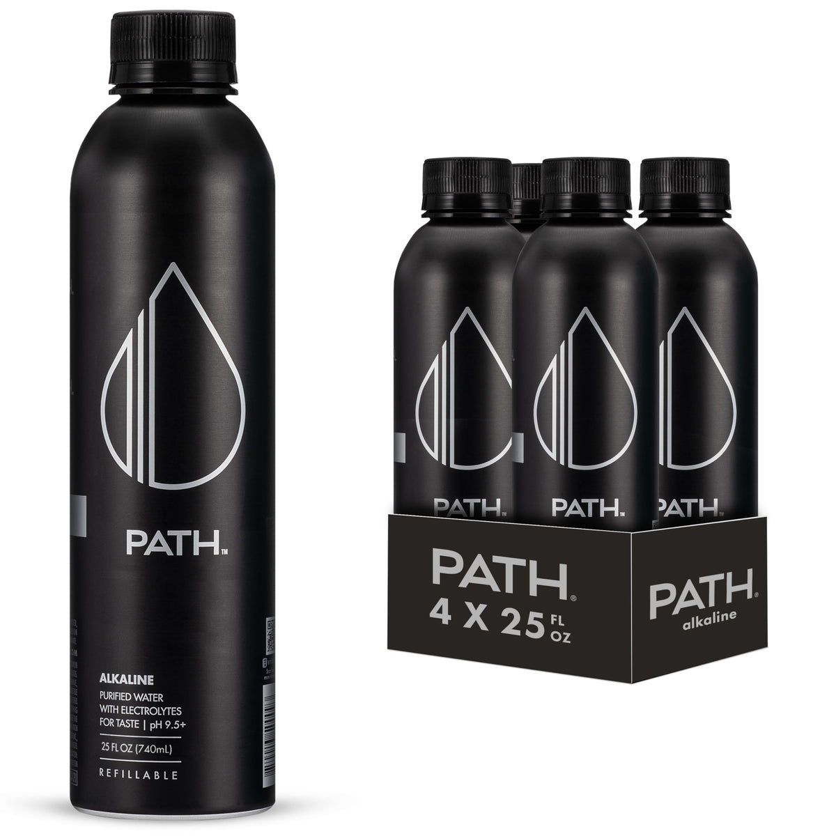 PATHWATER Path Alkaline Bottled Water — 9.5 pH, Electrolytes, Aluminum Bottle (25 oz x 4)