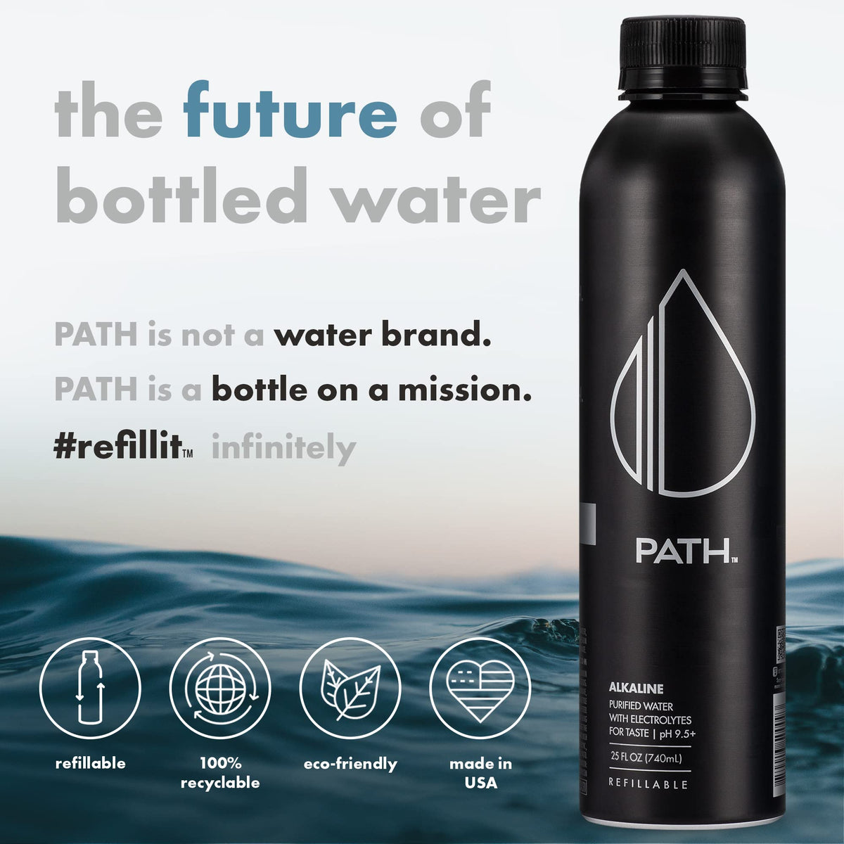 PATHWATER Path Alkaline Bottled Water — 9.5 pH, Electrolytes, Aluminum Bottle (25 oz x 4)