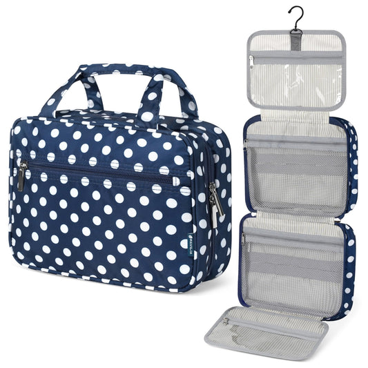 PAVILIA Hanging Toiletry Bag for Women, Portable Makeup Organizer, Navy Dot