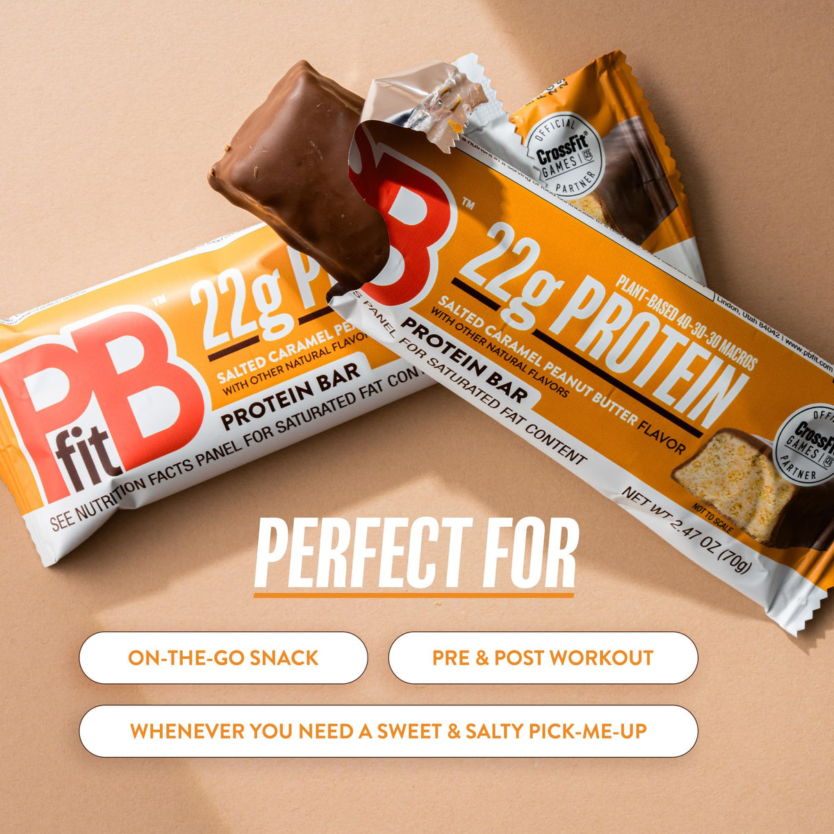 PBfit Salted Caramel Peanut Butter Protein Bars - 22g Plant-Based Protein, Gluten Free, Vegan, 40-30-30 Macros, 2.47 oz Pack of 12