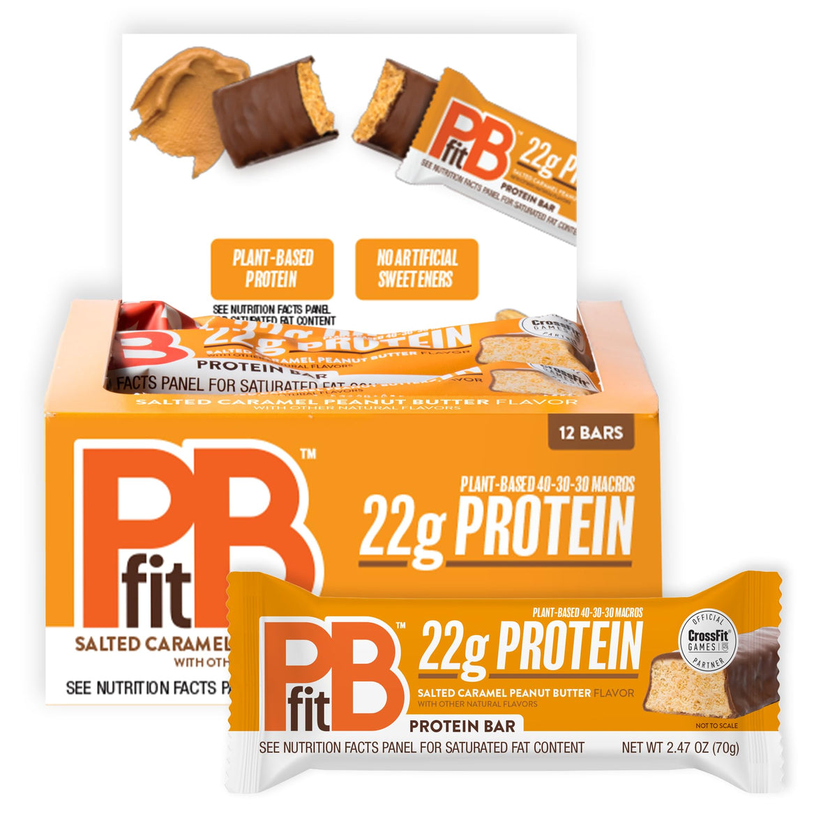 PBfit Salted Caramel Peanut Butter Protein Bars - 22g Plant-Based Protein, Gluten Free, Vegan, 40-30-30 Macros, 2.47 oz Pack of 12