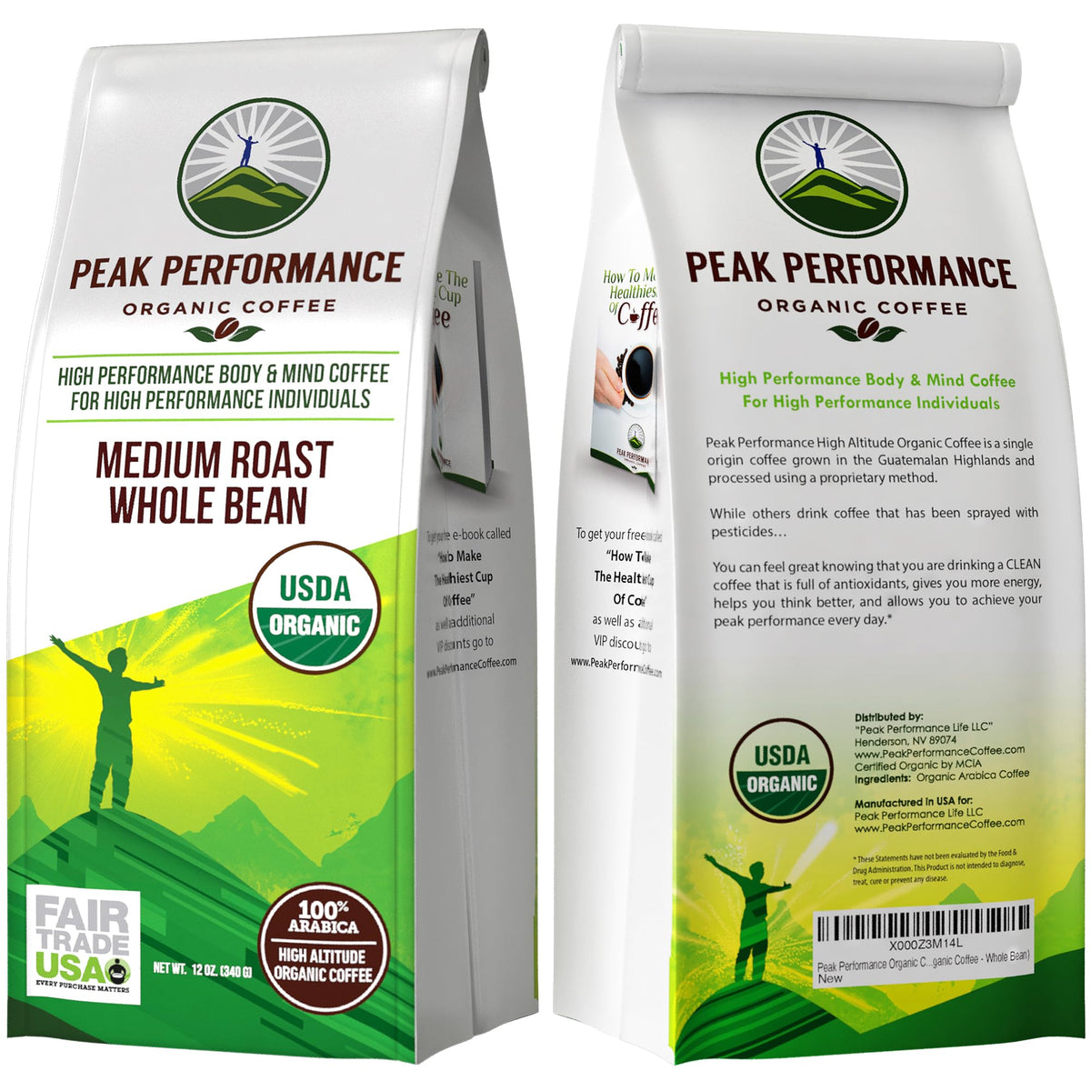 Peak Performance High Altitude Organic Coffee — Fair Trade, Low Acid, Medium Roast, 12 oz Whole Bean