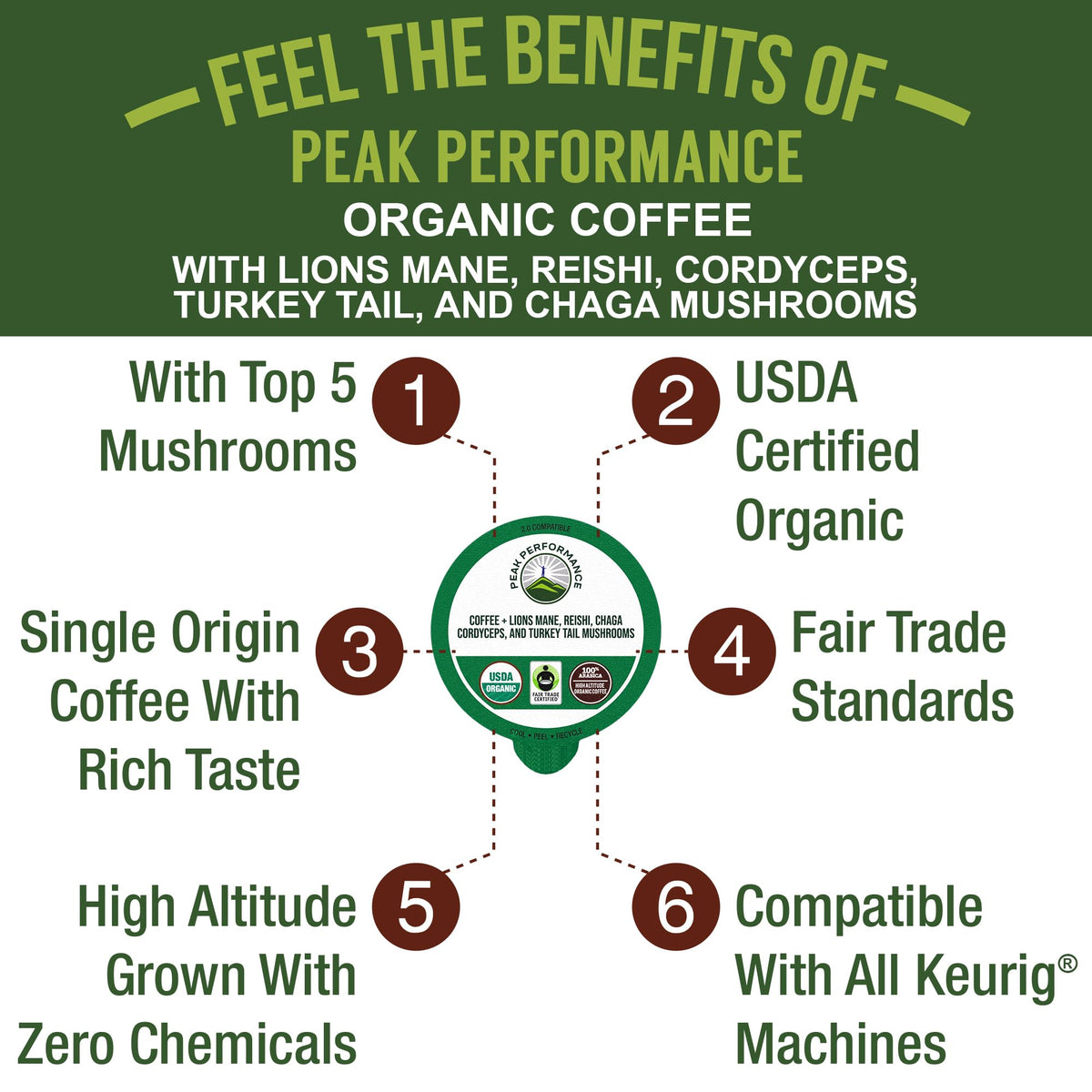 Peak Performance Organic Mushroom Coffee Pods – Lion's Mane, Reishi, Cordyceps, Turkey Tail & Chaga (High Altitude Guatemala, Low Acid)