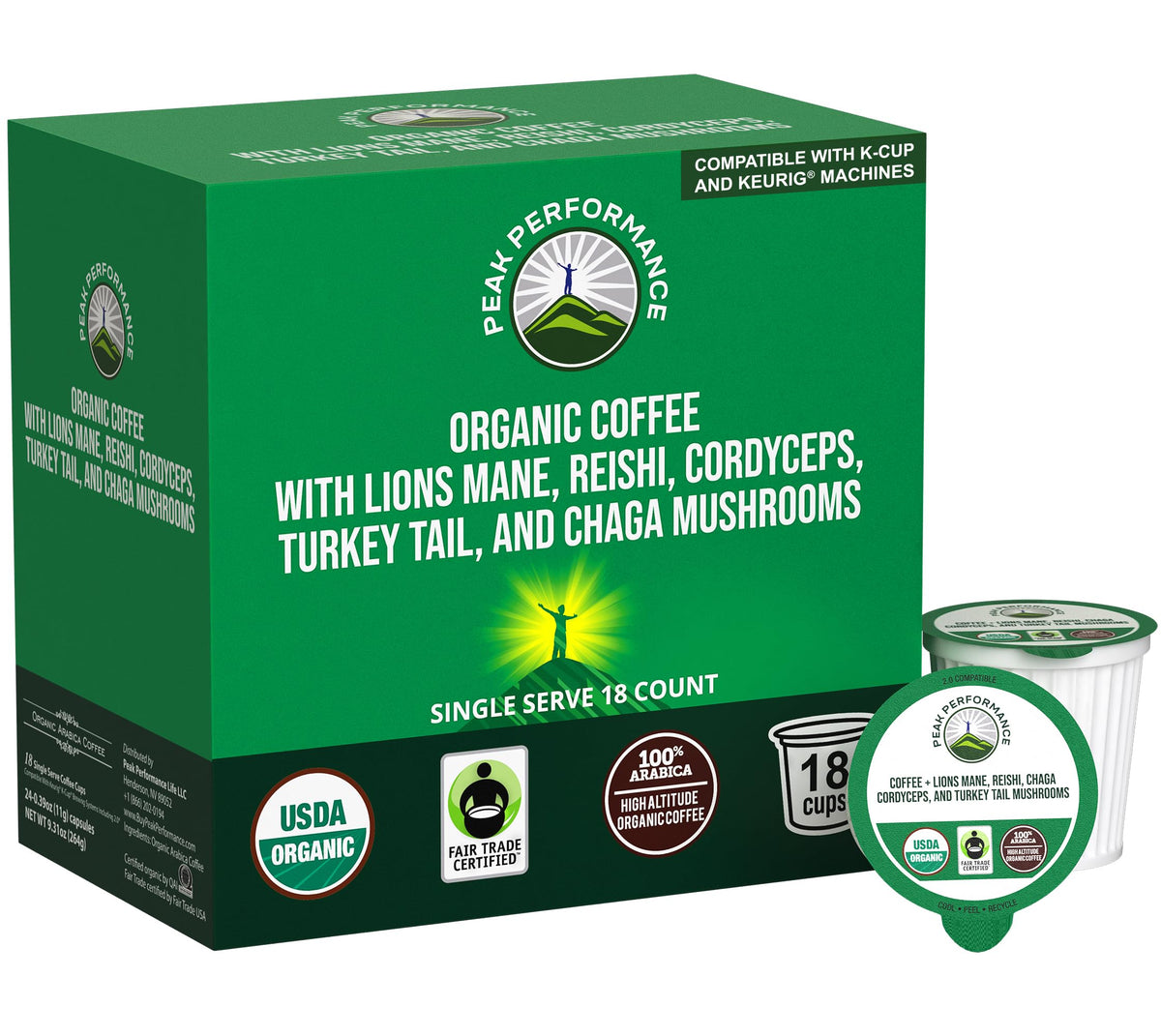 Peak Performance Organic Mushroom Coffee Pods – Lion's Mane, Reishi, Cordyceps, Turkey Tail & Chaga (High Altitude Guatemala, Low Acid)