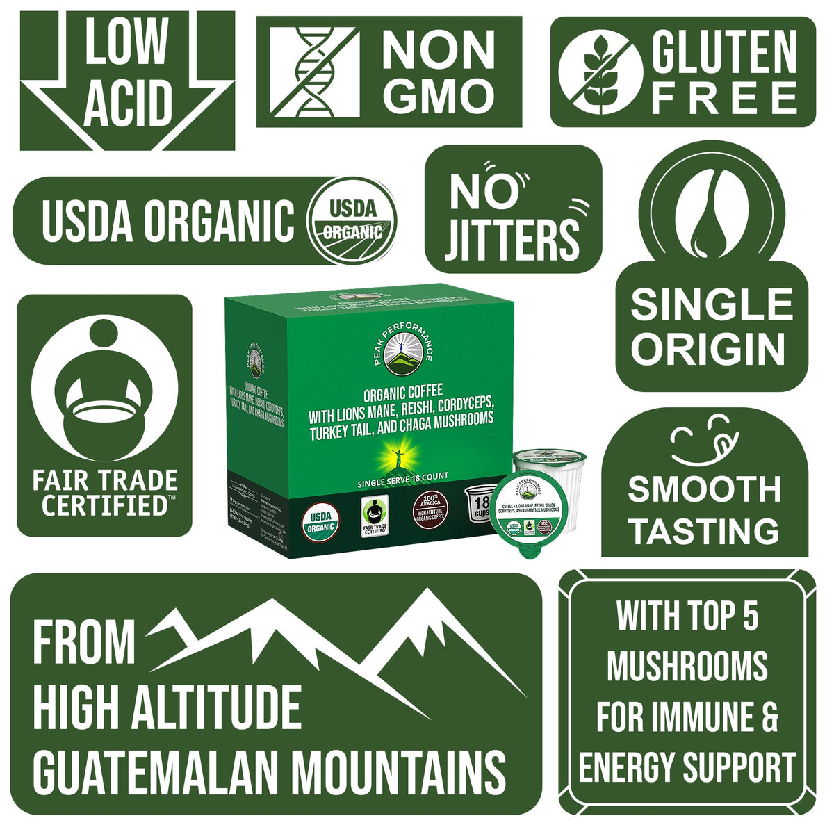 Peak Performance Organic Mushroom Coffee Pods – Lion's Mane, Reishi, Cordyceps, Turkey Tail & Chaga (High Altitude Guatemala, Low Acid)