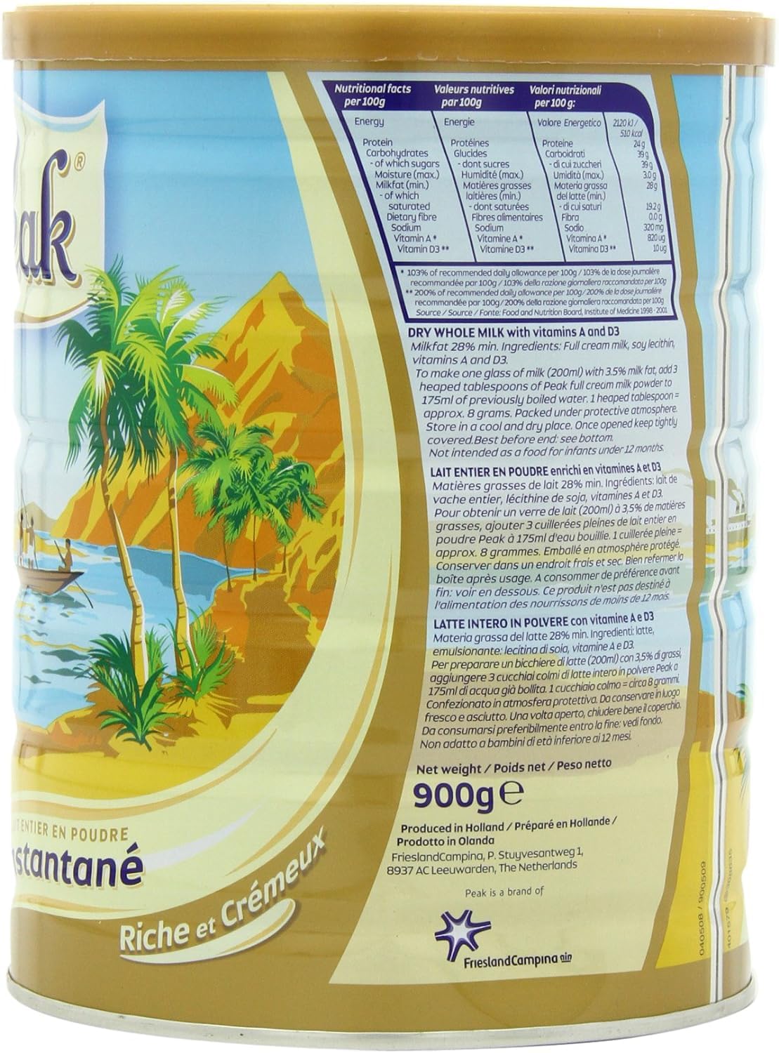 Peak Whole Milk Powder – 2 lb Can (900 g) | Dutch Milk from Holland, rBST Free, Instant Dissolve