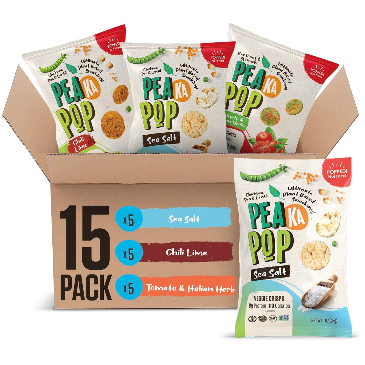 PEAKAPOP Veggie Chips – Plant-Based Protein Snack, 1oz Bags, 15-Pack Variety Pack 2