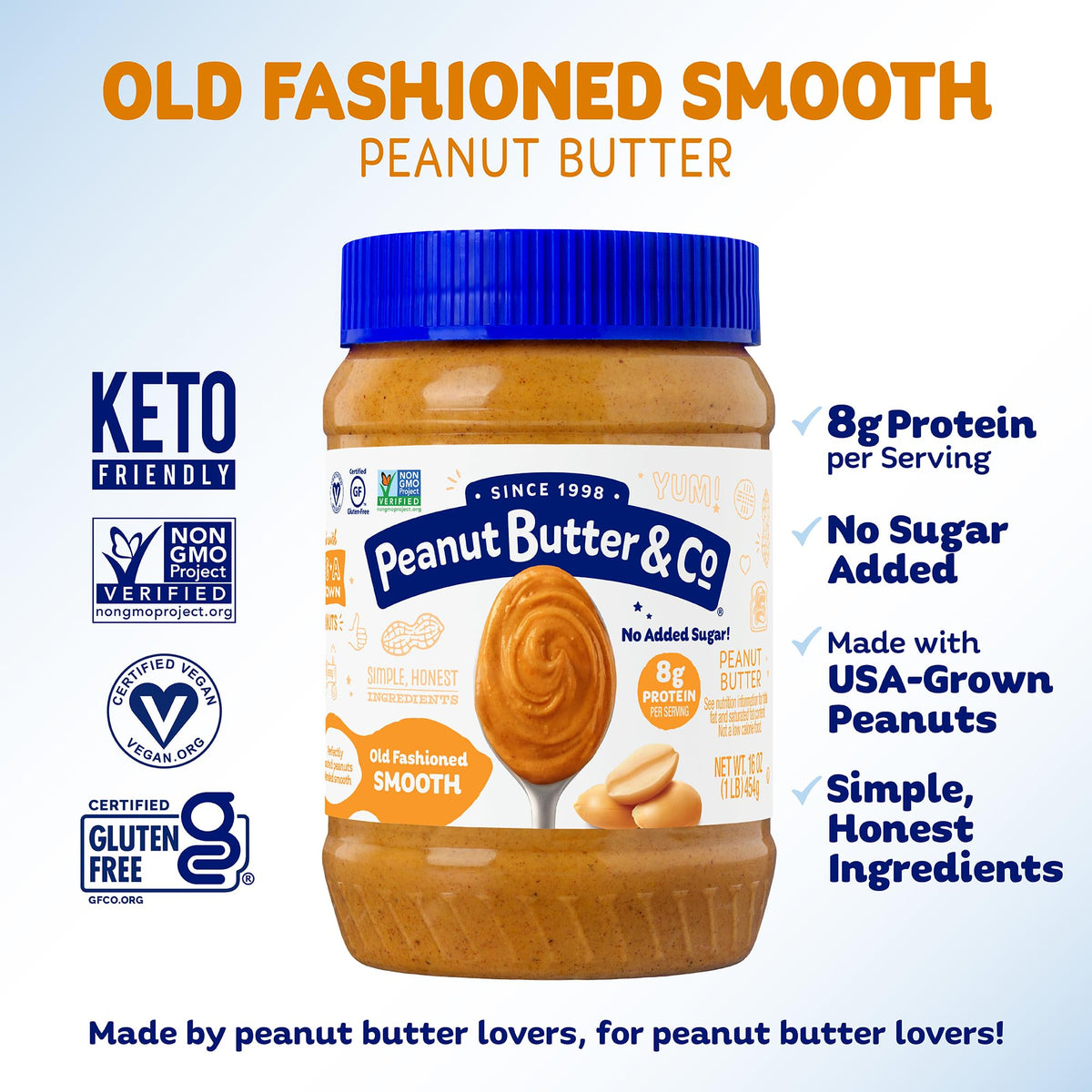 Peanut Butter & Co. Old Fashioned Smooth Peanut Butter – 16 oz (Pack of 6) with 8g Protein, No Sugar Added, Non-GMO, Gluten Free, Vegan