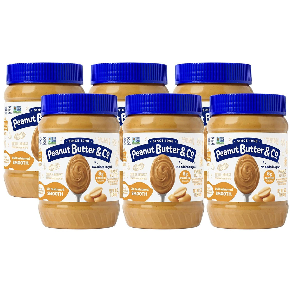 Peanut Butter & Co. Old Fashioned Smooth Peanut Butter – 16 oz (Pack of 6) with 8g Protein, No Sugar Added, Non-GMO, Gluten Free, Vegan