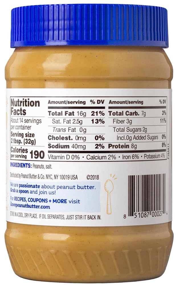 Peanut Butter & Co. Old Fashioned Smooth Peanut Butter – 16 oz (Pack of 6) with 8g Protein, No Sugar Added, Non-GMO, Gluten Free, Vegan