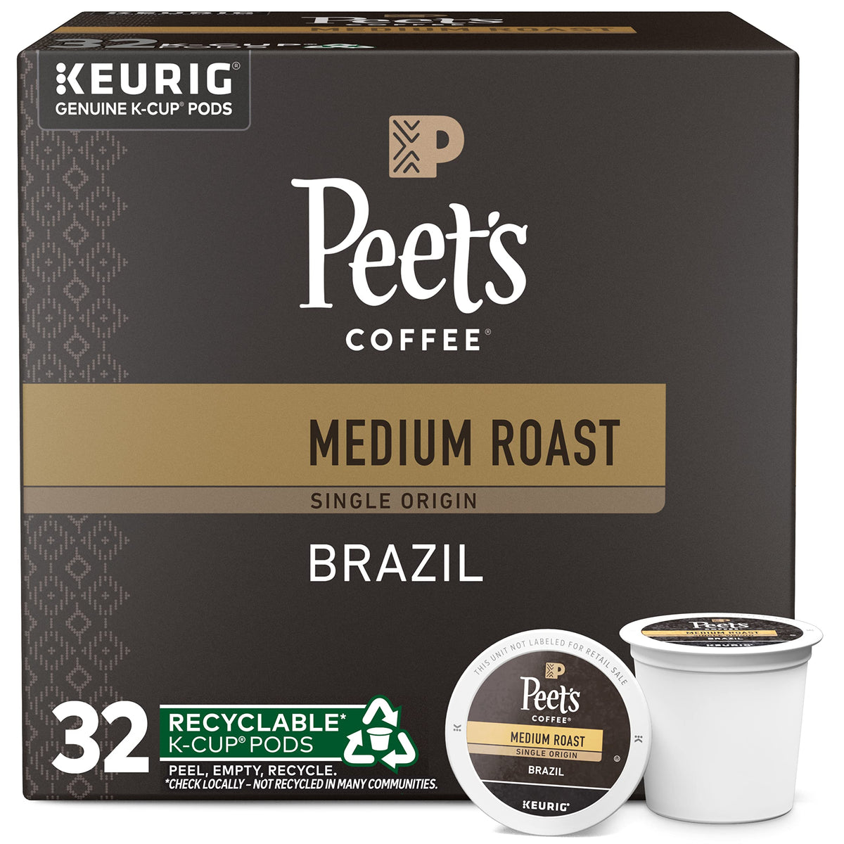 Peet's Coffee Brazil Single Origin K-Cup Pods – Medium Roast, 32 Count
