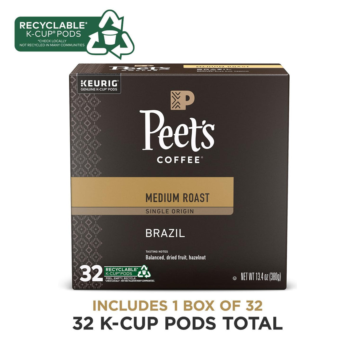 Peet's Coffee Brazil Single Origin K-Cup Pods – Medium Roast, 32 Count