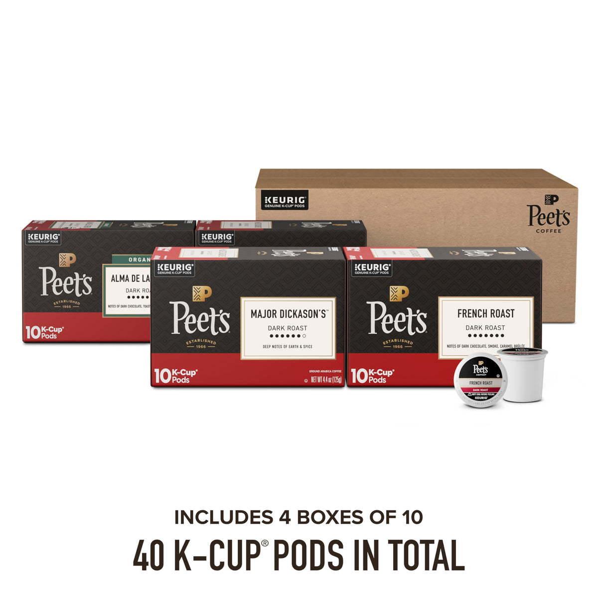 Peet's Coffee Keurig K-Cup Pods Dark Roast Variety Pack – 40 K-Cups (Major Dickason's Blend, French Roast, Organic Alma De La Tierra, House Blend)