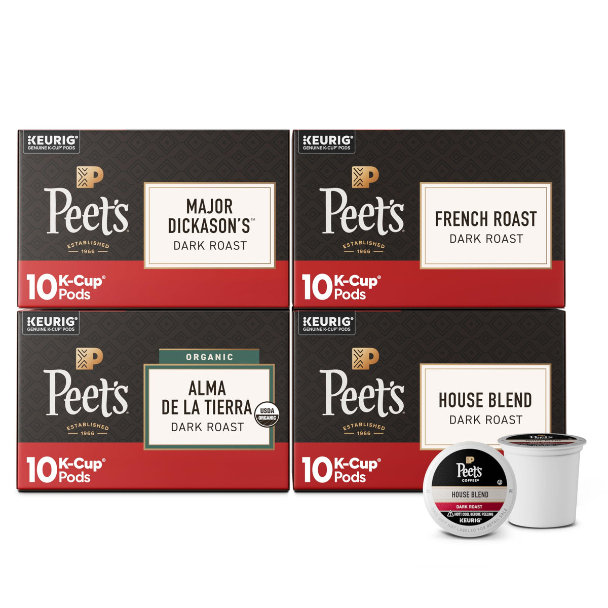 Peet's Coffee Keurig K-Cup Pods Dark Roast Variety Pack – 40 K-Cups (Major Dickason's Blend, French Roast, Organic Alma De La Tierra, House Blend)