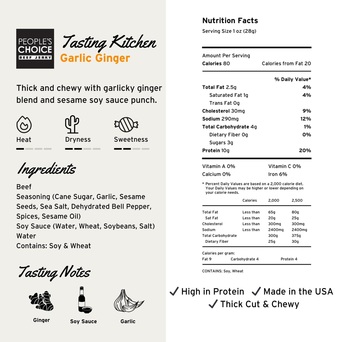 People's Choice Beef Jerky - Garlic Ginger, 10g Protein - Made in USA - 1 lb