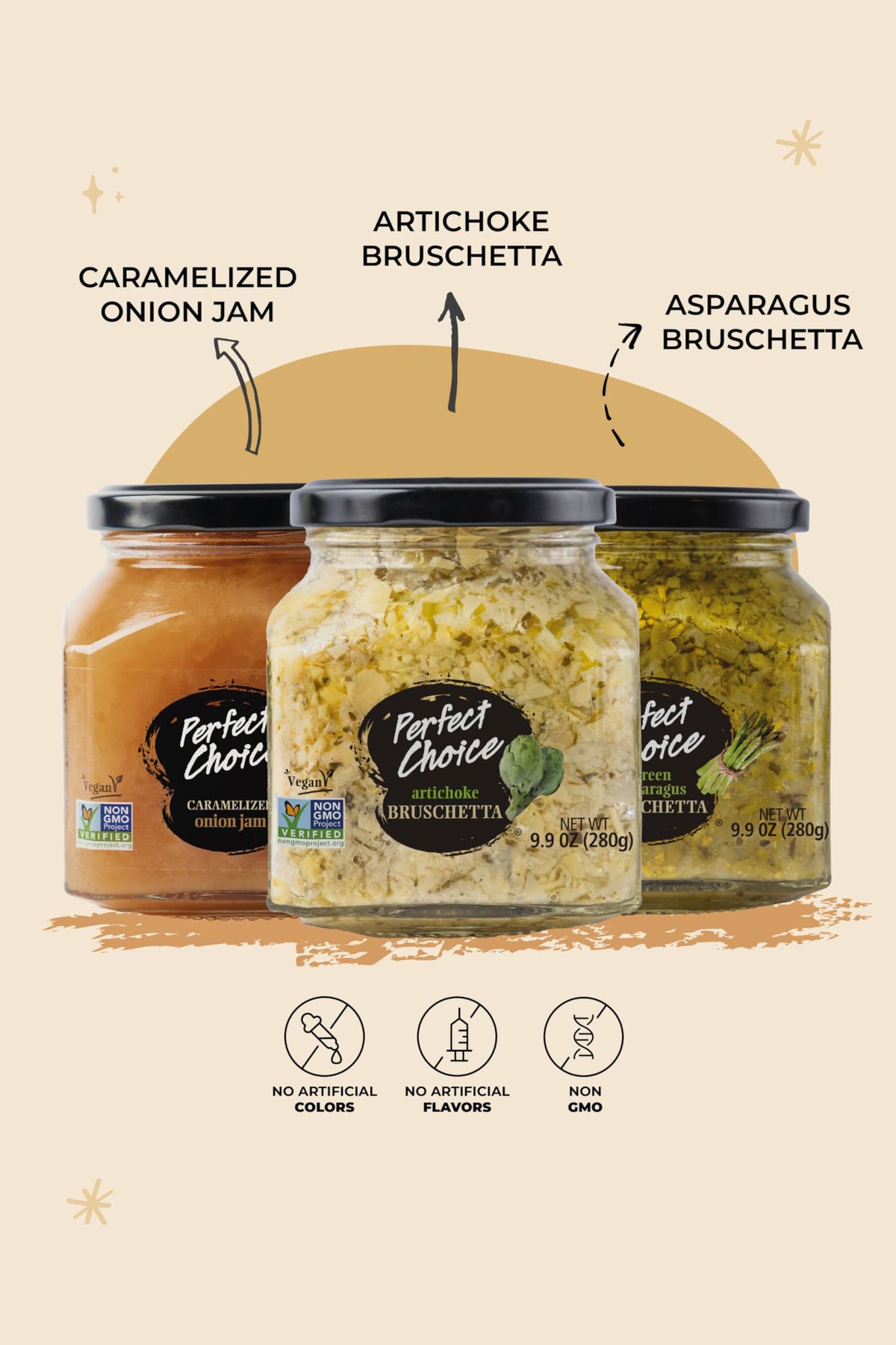 Perfect Choice Variety Pack: Artichoke Bruschetta, Green Asparagus Bruschetta & Caramelized Onion Spreads