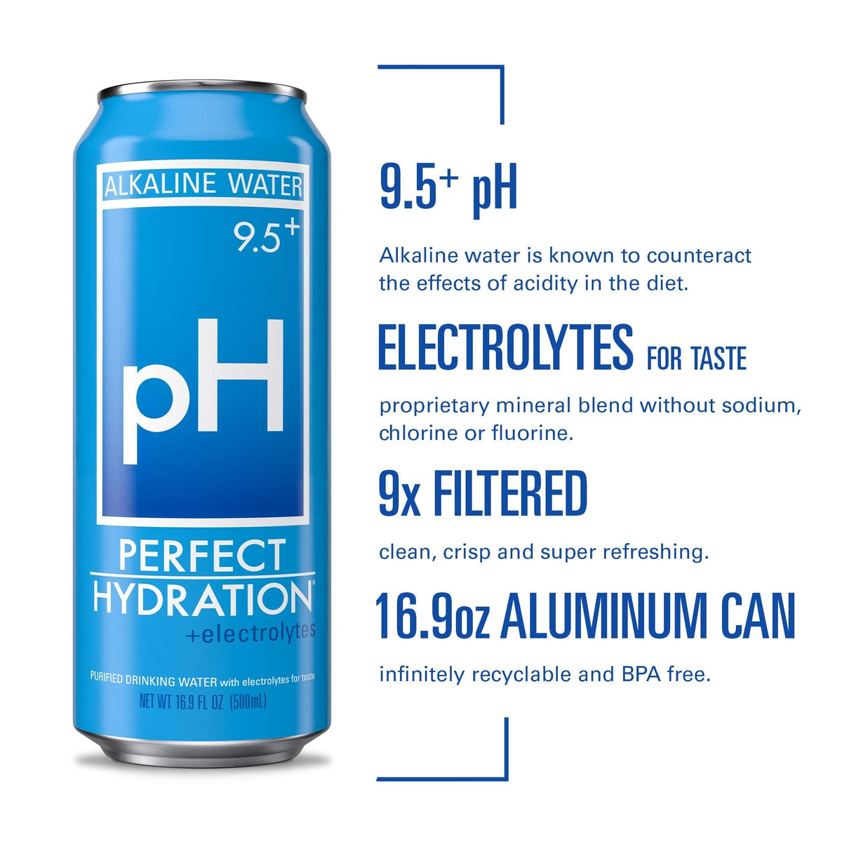 Perfect Hydration 9.5+ pH Alkaline Water – 16.9 oz Cans (Pack of 24) – Made in USA