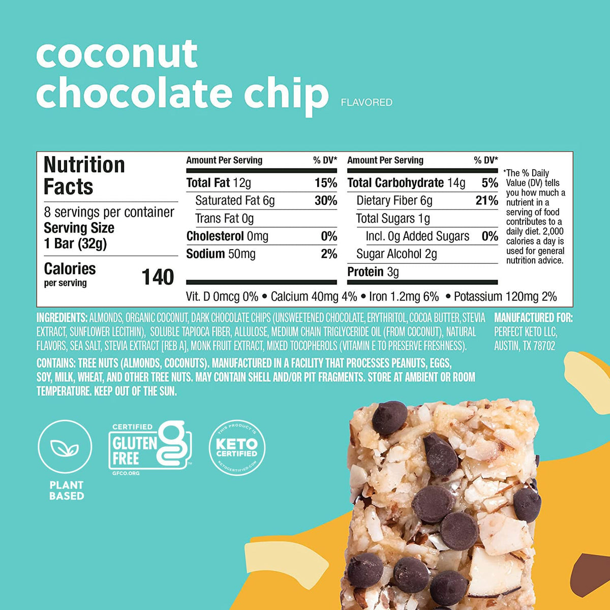 Perfect Keto Nola Bars - Gluten Free, Keto Granola Bars, 2g Net Carbs, Coconut Chocolate Chip, 8 Pack