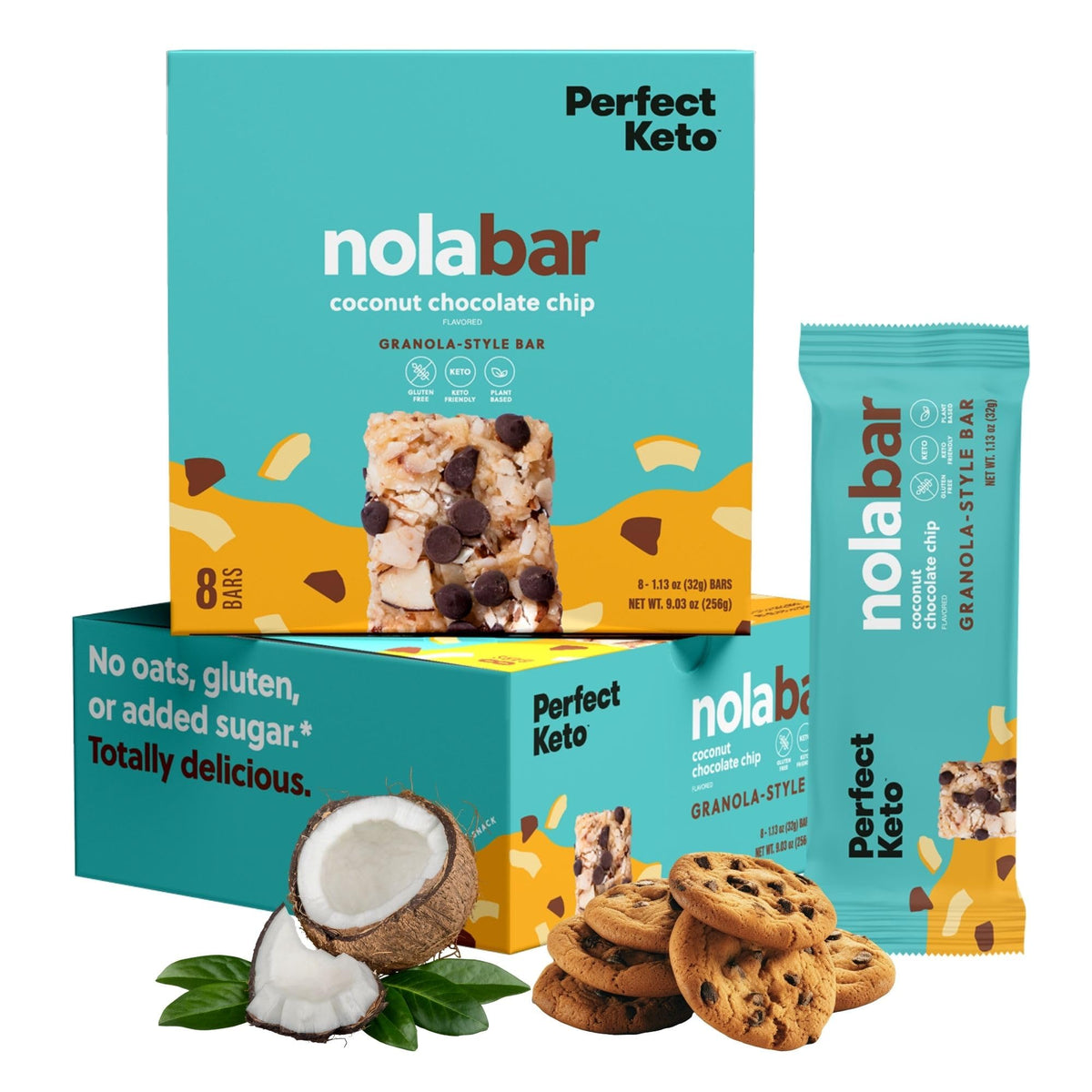 Perfect Keto Nola Bars - Gluten Free, Keto Granola Bars, 2g Net Carbs, Coconut Chocolate Chip, 8 Pack