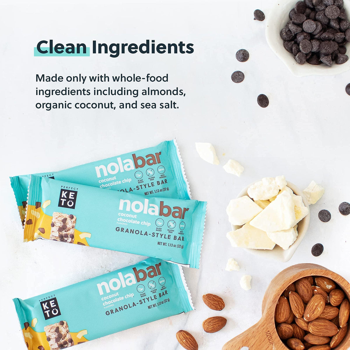 Perfect Keto Nola Bars - Gluten Free, Keto Granola Bars, 2g Net Carbs, Coconut Chocolate Chip, 8 Pack