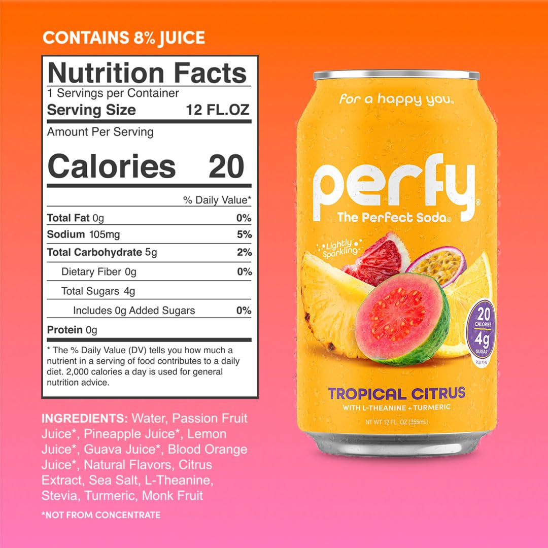PERFY Caffeine Free Healthy Soda Variety Pack – Real Fruit Juice, Low Sugar Nootropic Drinks (12-Pack)