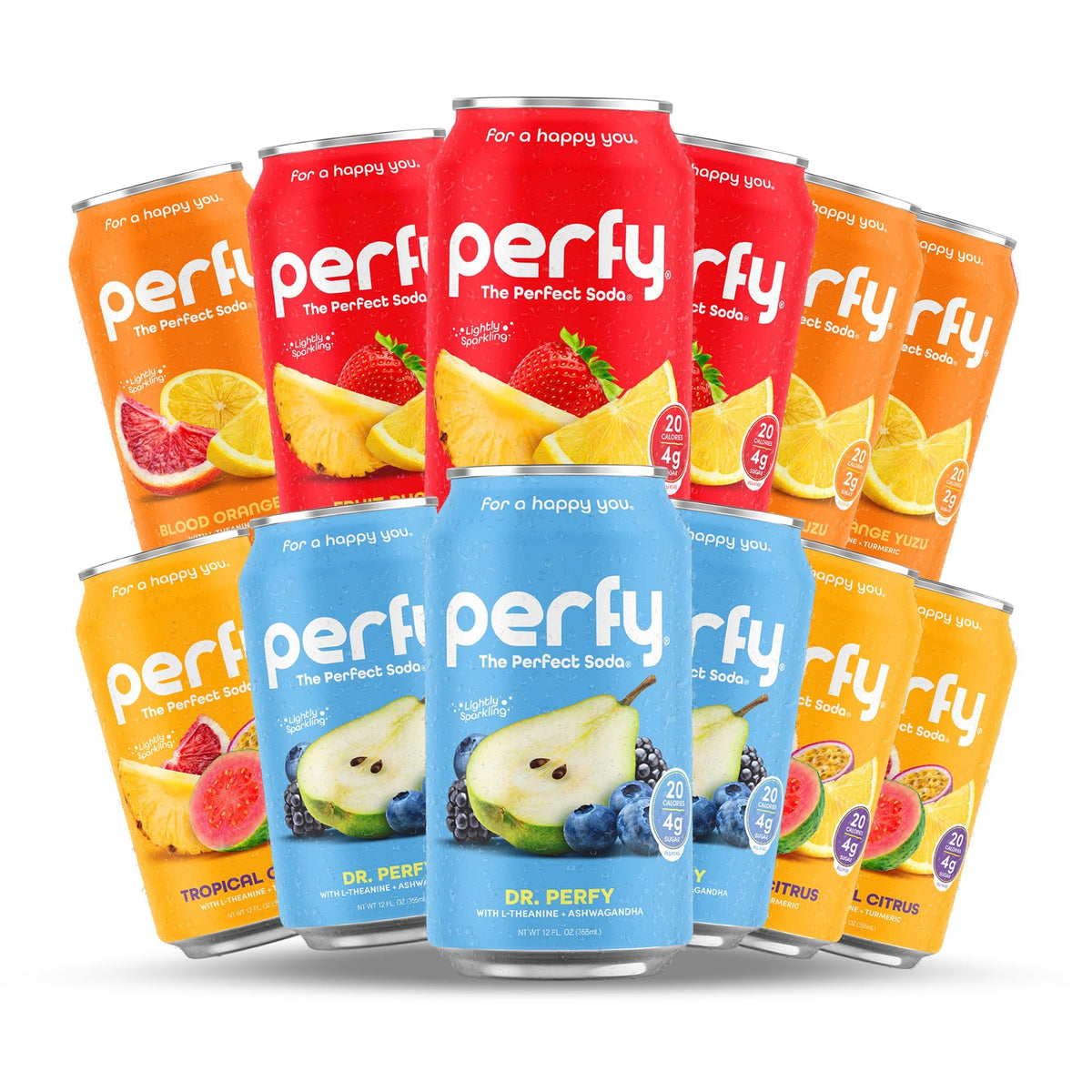 PERFY Caffeine Free Healthy Soda Variety Pack – Real Fruit Juice, Low Sugar Nootropic Drinks (12-Pack)