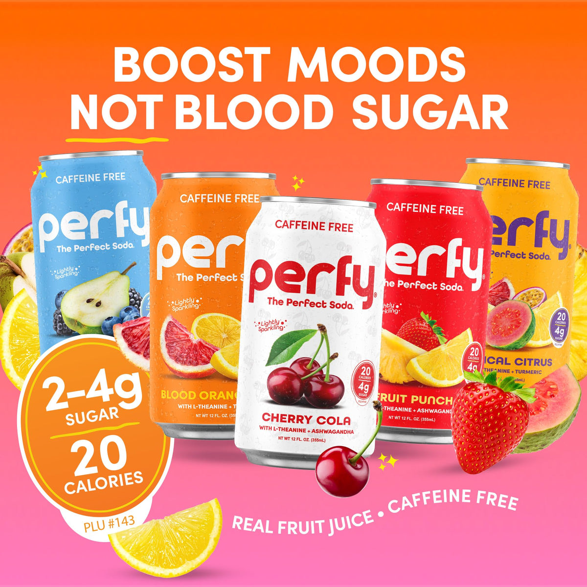 PERFY Caffeine Free Healthy Soda Variety Pack – Real Fruit Juice, Low Sugar Nootropic Drinks (12-Pack)