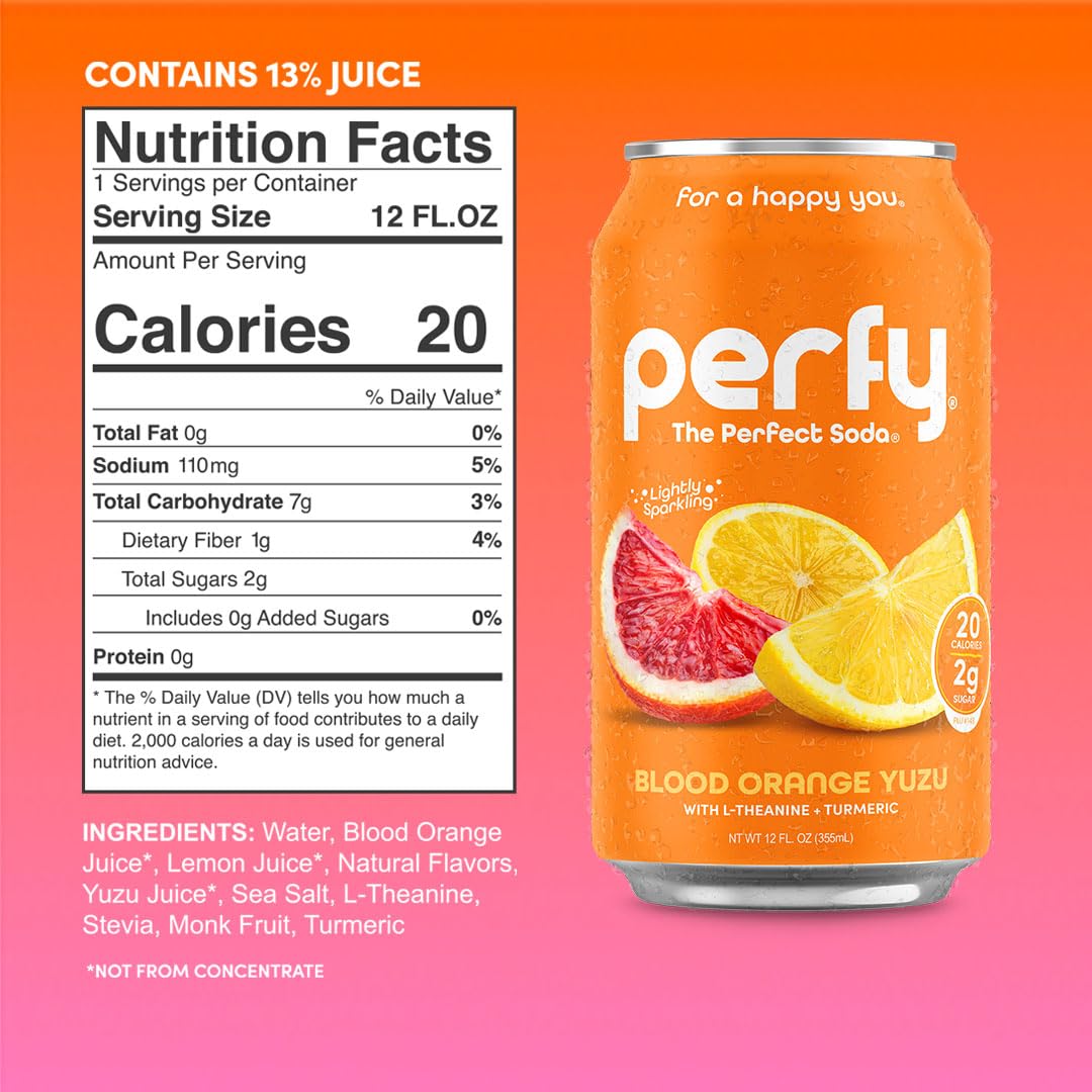 PERFY Caffeine Free Healthy Soda Variety Pack – Real Fruit Juice, Low Sugar Nootropic Drinks (12-Pack)