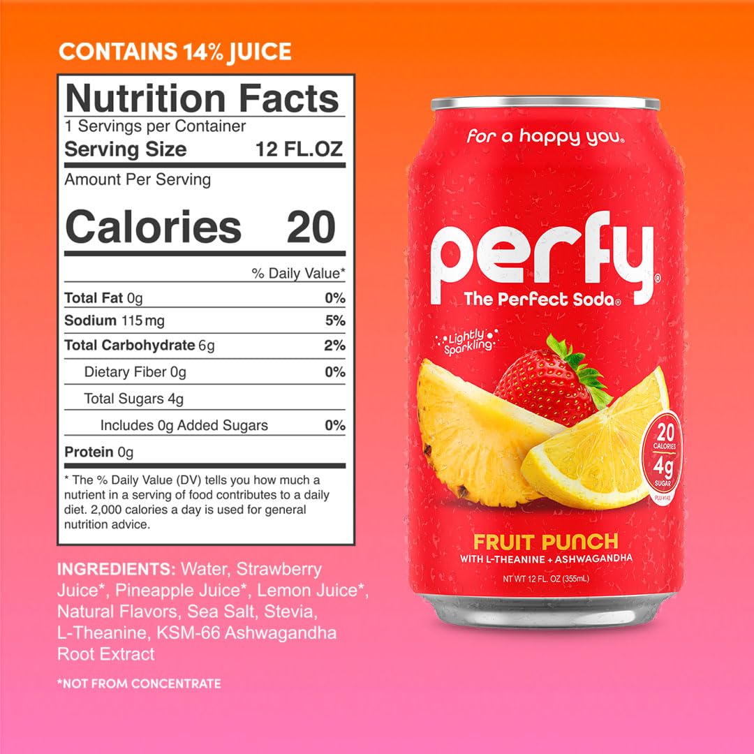 PERFY Caffeine Free Healthy Soda Variety Pack – Real Fruit Juice, Low Sugar Nootropic Drinks (12-Pack)