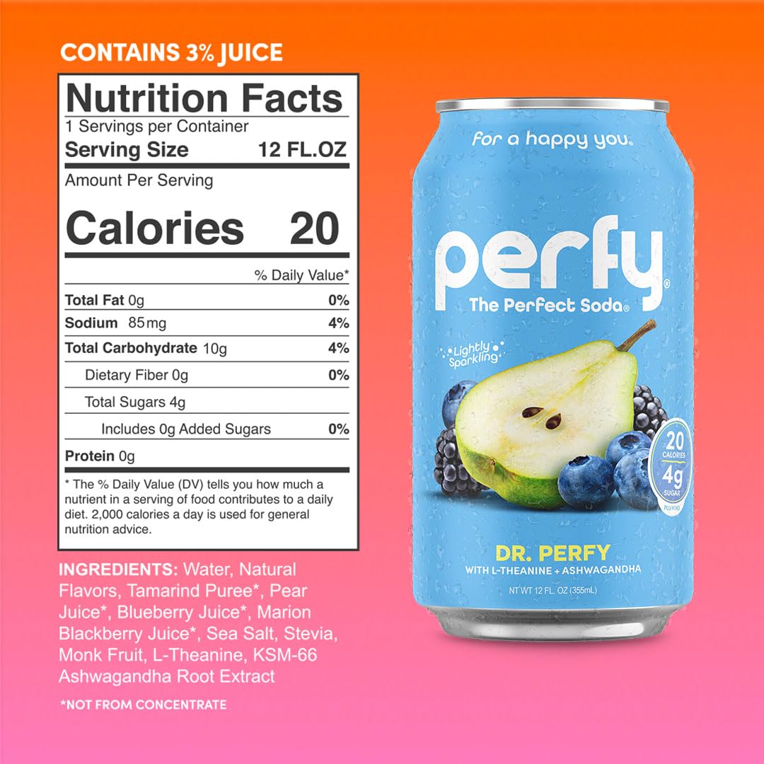 PERFY Caffeine Free Healthy Soda Variety Pack – Real Fruit Juice, Low Sugar Nootropic Drinks (12-Pack)