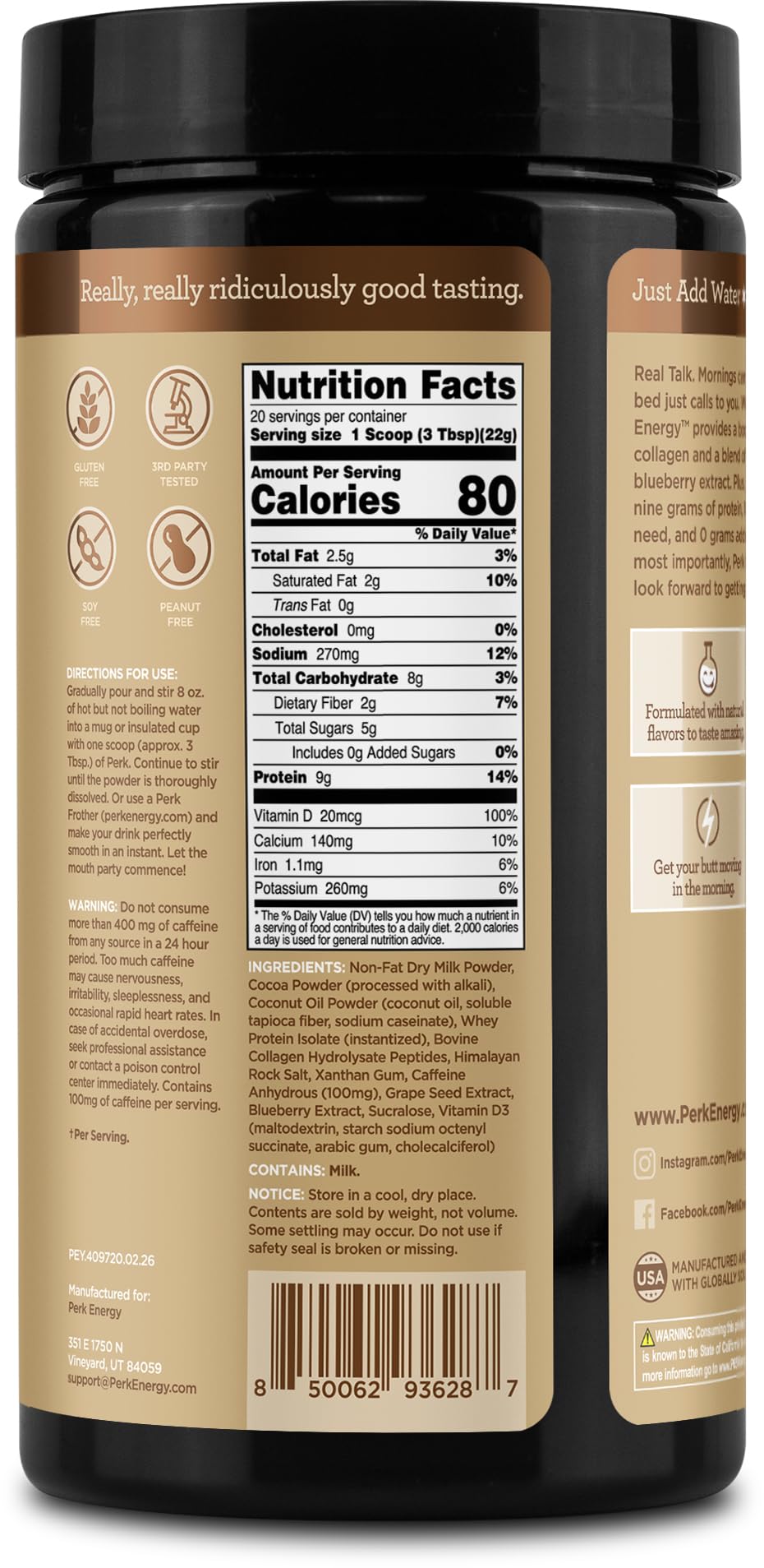 Perk Energy Drink Mix — Dutch Hot Cocoa, 20 Servings, 100mg Caffeine, 9g Protein