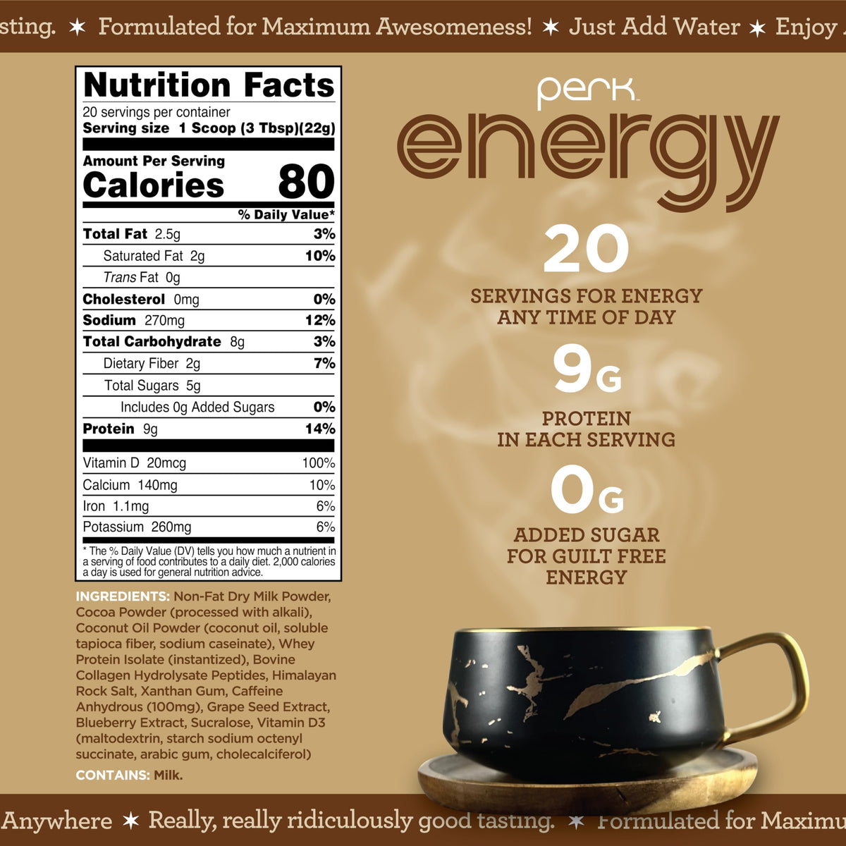 Perk Energy Drink Mix — Dutch Hot Cocoa, 20 Servings, 100mg Caffeine, 9g Protein