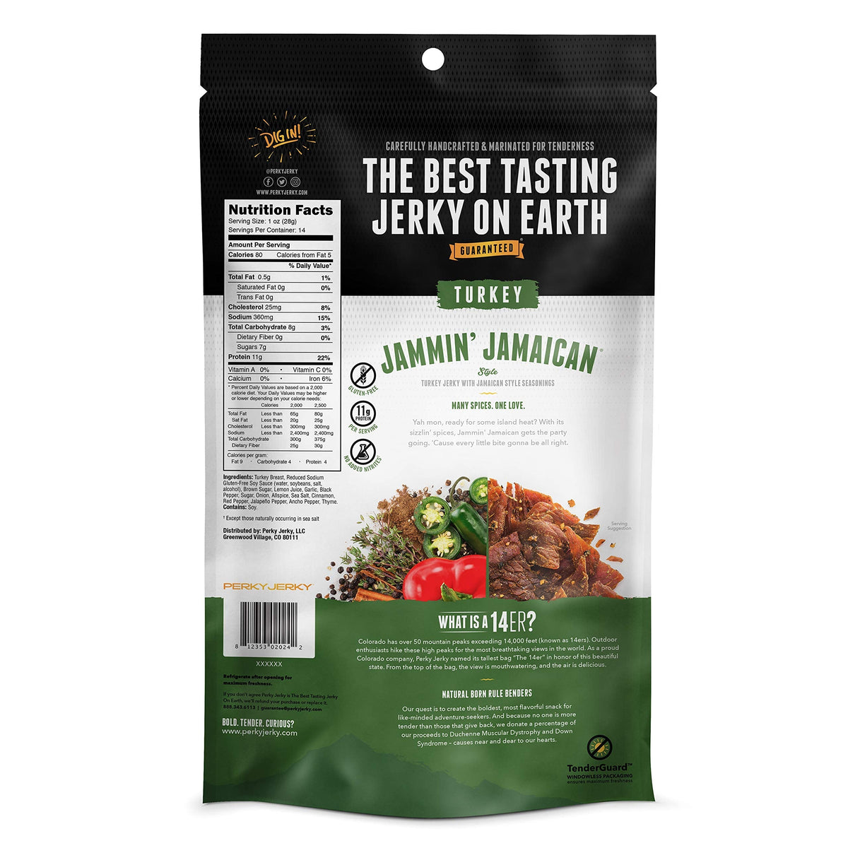 Perky Jerky Jammin' Jamaican Turkey Jerky – 14oz, Low Sodium, 11g Protein, Low Fat