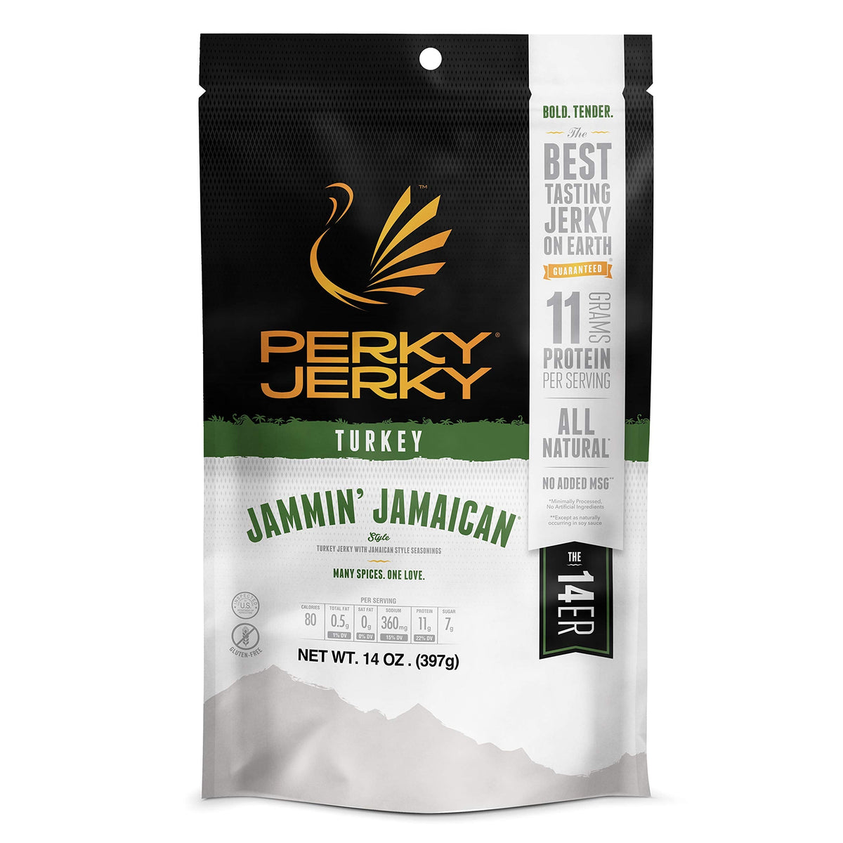 Perky Jerky Jammin' Jamaican Turkey Jerky – 14oz, Low Sodium, 11g Protein, Low Fat