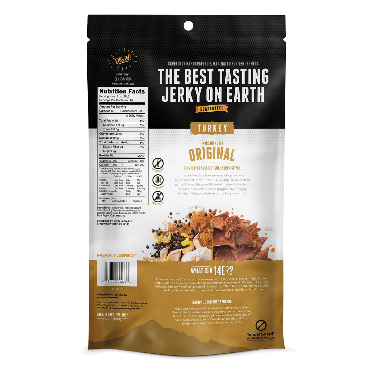 Perky Jerky Original Turkey Jerky 14oz – Low Sodium, 10g Protein, Handcrafted, USA-Sourced
