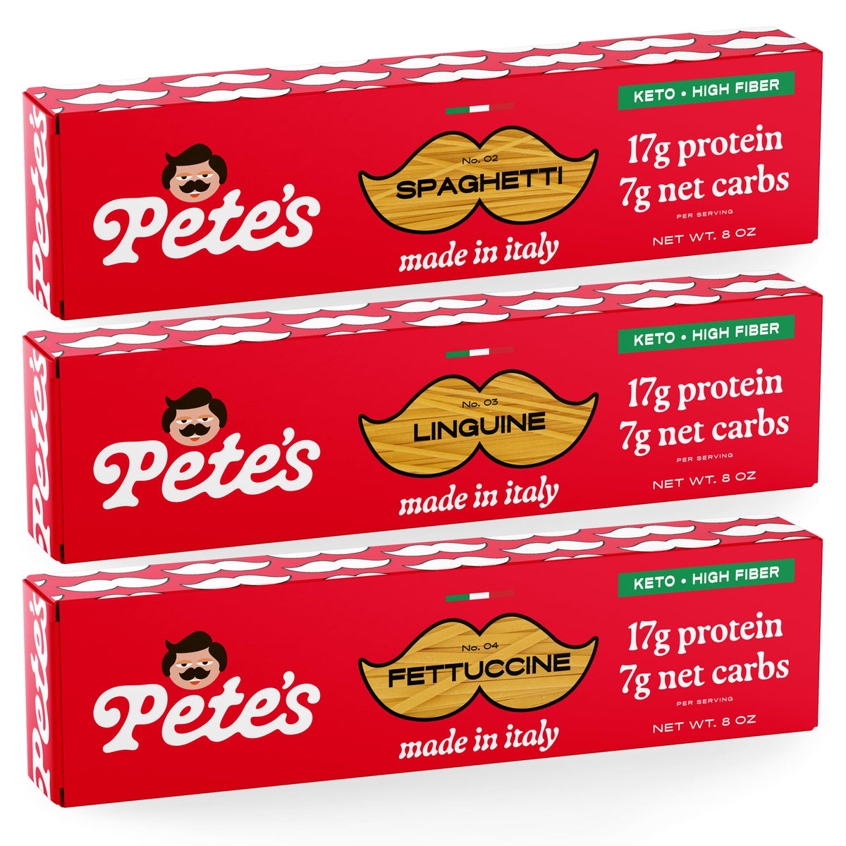 Pete’s Pasta Low Carb Protein Pasta Variety – 3-Pack (8oz each) | Spaghetti, Fettuccine, Linguine
